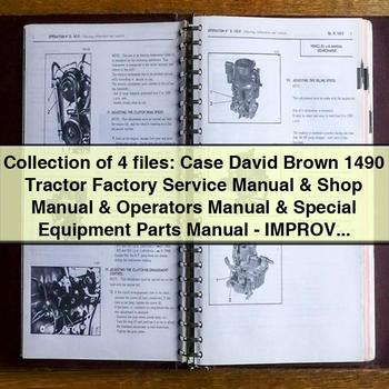 Colección de 4 archivos: Manual de reparación del servicio de fábrica del tractor Case David Brown 1490, manual del taller, manual del operador y manual de piezas de equipos especiales, mejorado, descarga en PDF