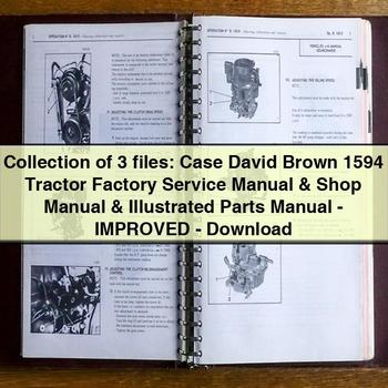 Colección de 3 archivos: Manual de reparación del servicio de fábrica del tractor Case David Brown 1594, manual de taller y manual de piezas ilustrado, mejorado, descarga en PDF